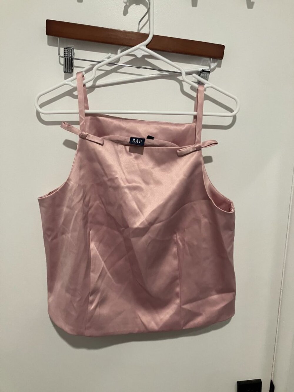 GAP Pink Satin Cami Top Square Neck Bow Straps Crop Blouse Large Tall
